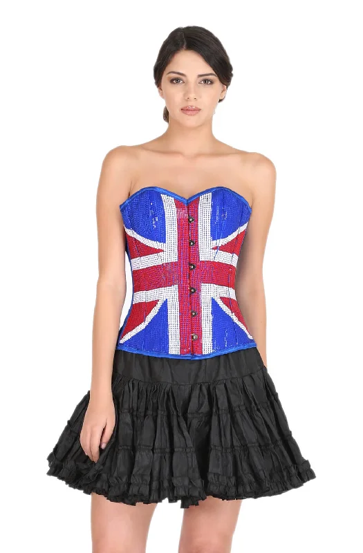 Corset in midnight blue-Blue Satin Red White Handmade Sequins UK Flag Gothic Corset Burlesque Bustier Waist Training Overbust Dress