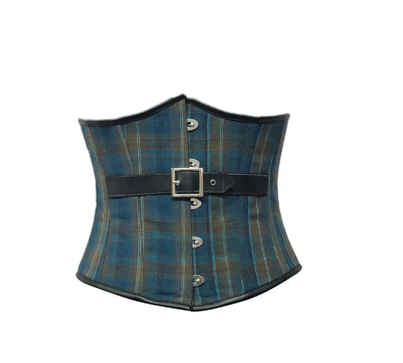 Corset for stylish support-Blue Printed Limited Corset with Black Leather Belt Gothic Vintage Costume Waist Cincher Underbust Bustier Top