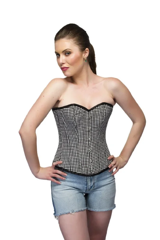 Corset top in paisley design-Black White Dotted Polyester Front Open Busk Overbust Women Corset Top