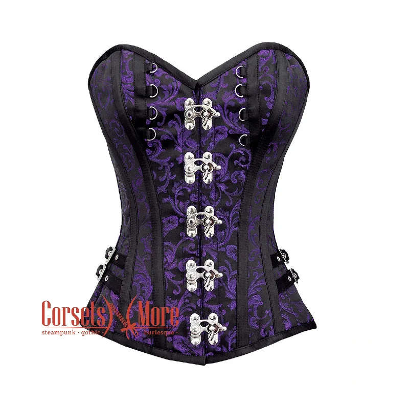 Corset dress for red carpet-Purple and Black Brocade Overbust Corset Bustier Heart Top Costume