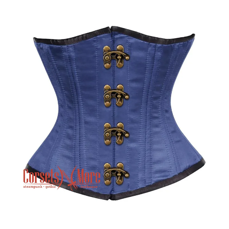 Corset dress with ruffled hem-Royal Blue Satin Double Bone Front Antique Clasps Gothic Waist Training Underbust Corset Bustier Top