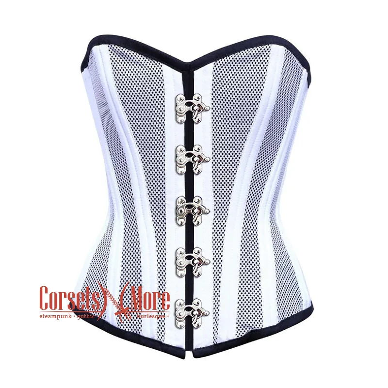 Corset in bold fuchsia-White Satin With Mesh Front Clasp Burlesque Gothic Overbust Corset Bustier Top