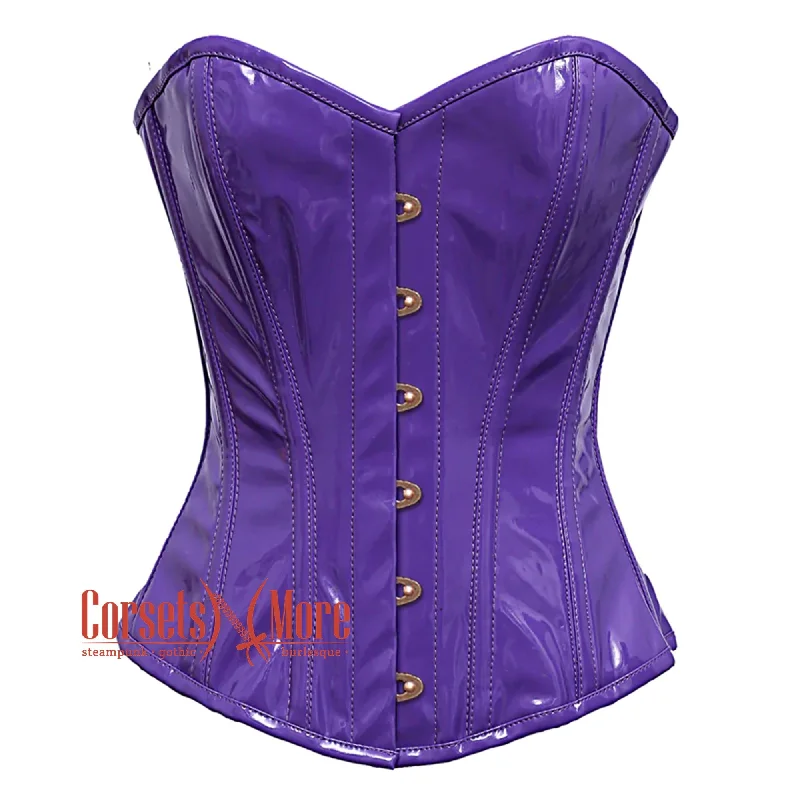 Corset for medieval costume-Plus Size Purple PVC Leather With Front  Antique Busk Gothic Overbust Burlesque Corset Waist Training Top