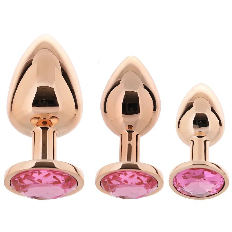 Vibrating anal beads-Rear Assets Round Gem Metal Plug Kit in Rose