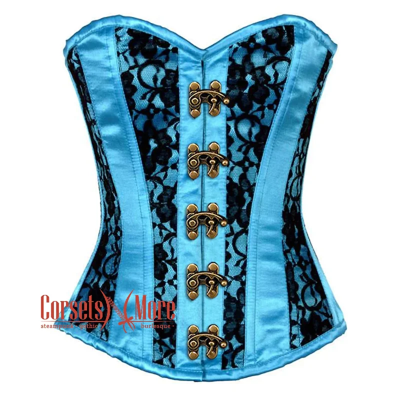 Corset for burlesque show-Plus Size Baby Blue Satin With Black Net Front Clasps Gothic Overbust Burlesque Corset