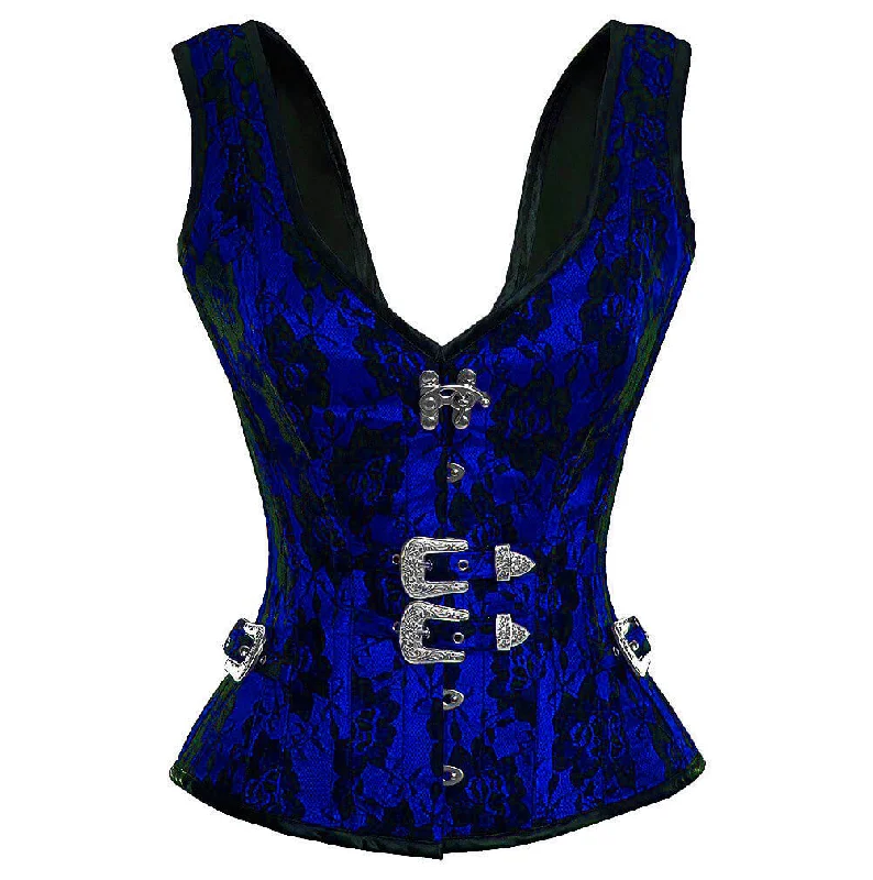 Corset top with scoop neck-Blue Satin Corset Net Covered Shoulder Strap Gothic Waist Training Overbust Costume