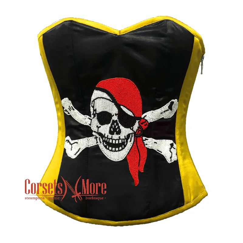 Corset for dramatic look-Plus Size Black and Yellow Satin Pirate Sequins Hand Work Costume Bustier Steampunk Waist Cincher Overbust Top