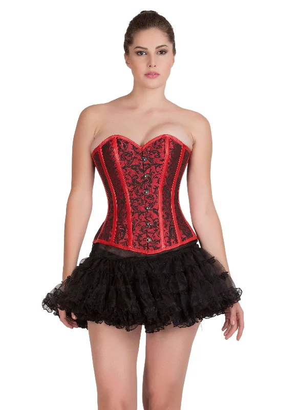 Corset for back support-Red Black Brocade & Leather Gothic Burlesque Waist Training Bustier Valentine  Overbust Corset Top