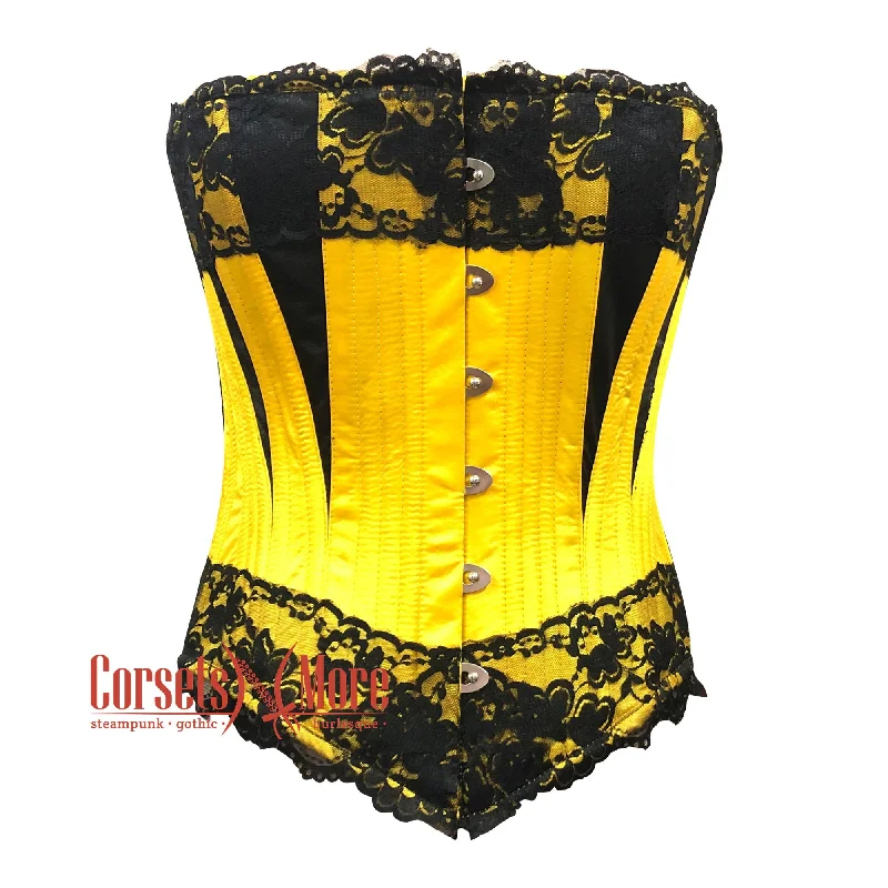 Corset with leather accents-Plus Size Yellow Satin Black Net Gothic Overbust Burlesque Corset Waist Training Top