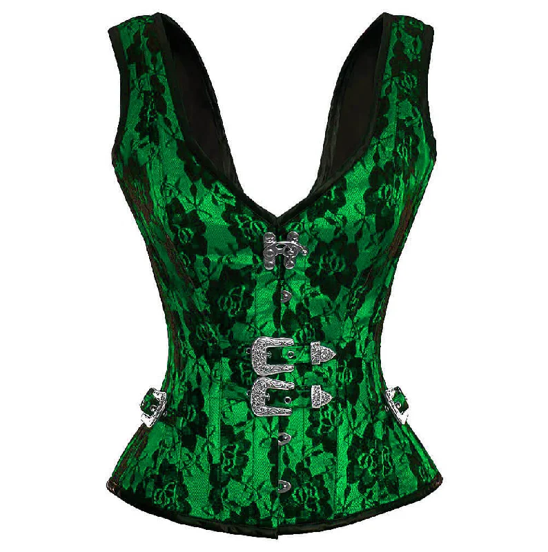 Corset with cut-out details-Green Satin Corset Net Covered Shoulder Strap Gothic Waist Training Overbust Mardi Gras Costume