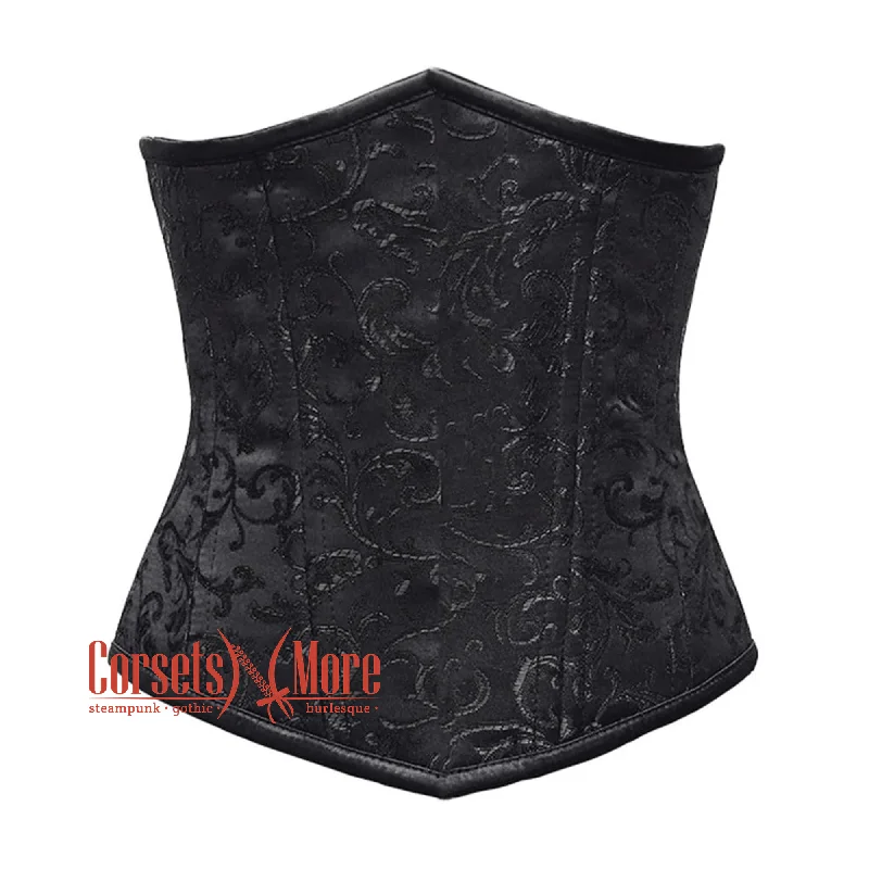 Corset top with mock neck-Plus Size Black Brocade Front Close Double Boned Underbust Gothic Corset