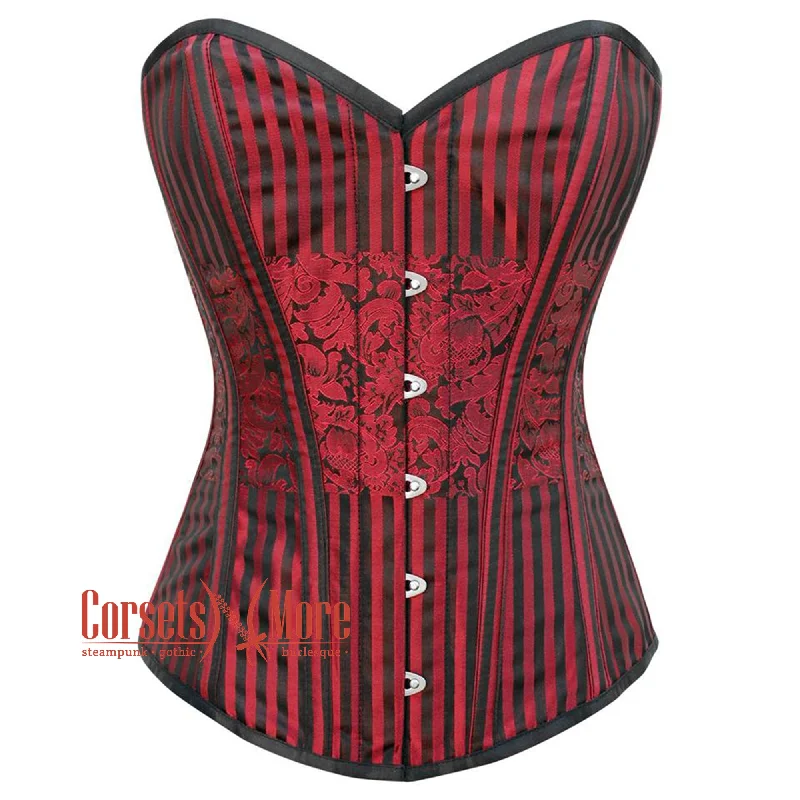 Corset with floral print-Red and Black Brocade Gothic Burlesque Waist Training Overbust Corset Bustier Top