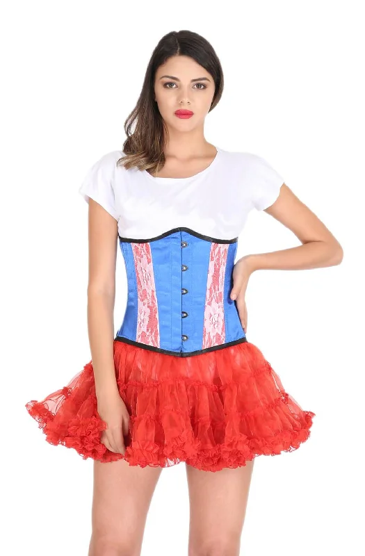 Corset with padded cups-Blue and Red Satin White Net Gothic Burlesque Corset Costume Waist Training Bustier Underbust Top