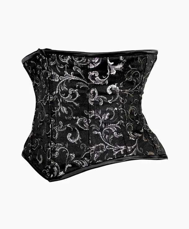 Corset for plus size women-Alluring Underbust Corset in Black and Silver Brocade