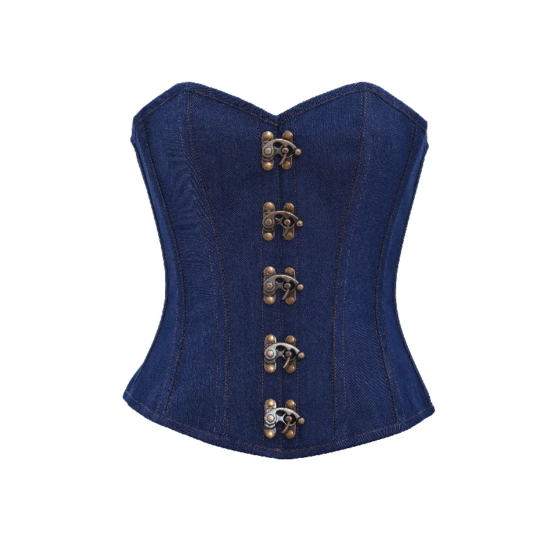 Corset for hourglass shaping-Blue Denim Antique Seal Lock Gothic Steampunk Costume Waist Training Overbust Bustier Top