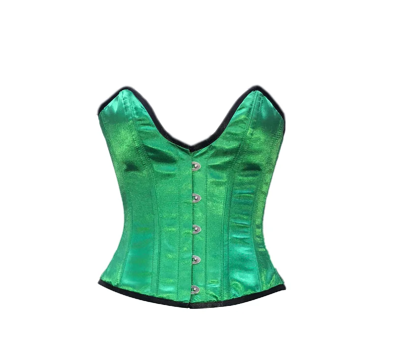 Corset dress for evening gala-Green Satin Deep Bust Gothic Corset Burlesque Waist Training Costume Mardi Gras Overbust Top