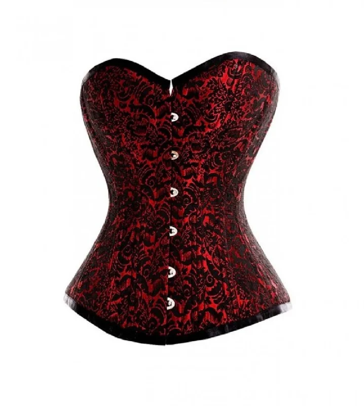 Corset dress with a-line skirt-Red And Black Brocade Double Bone Overbust Corset Waist Training Steampunk Costume