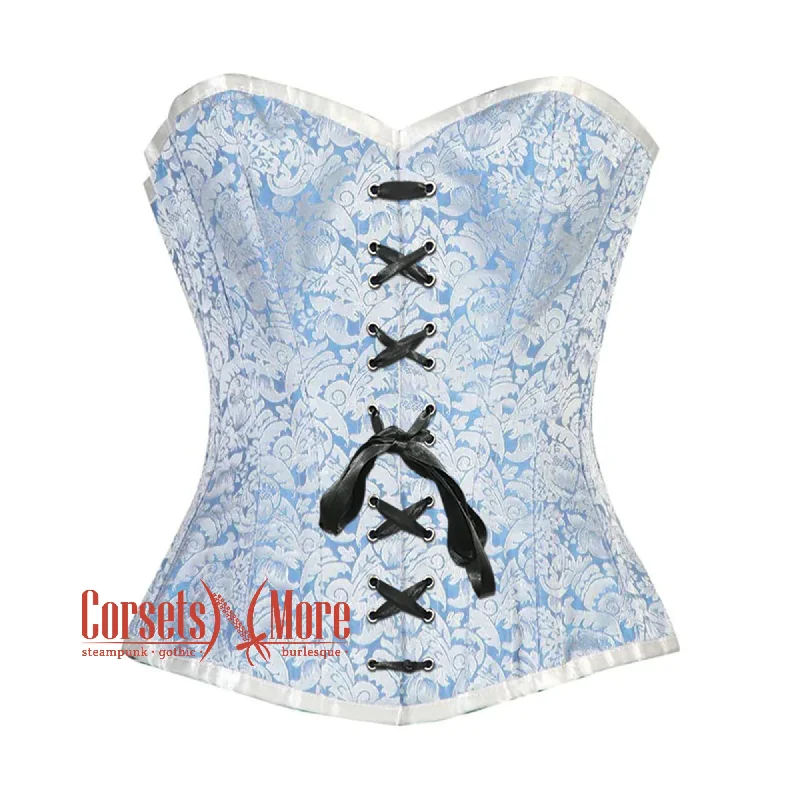 Corset in vintage style-Blue And White Brocade Burlesque Gothic Overbust Corset Bustier Top