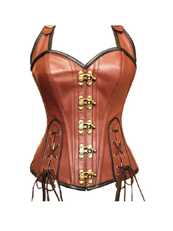 Corset in icy blue-Brown Real Leather Lacing Design Overbust Corset Waist Training Top