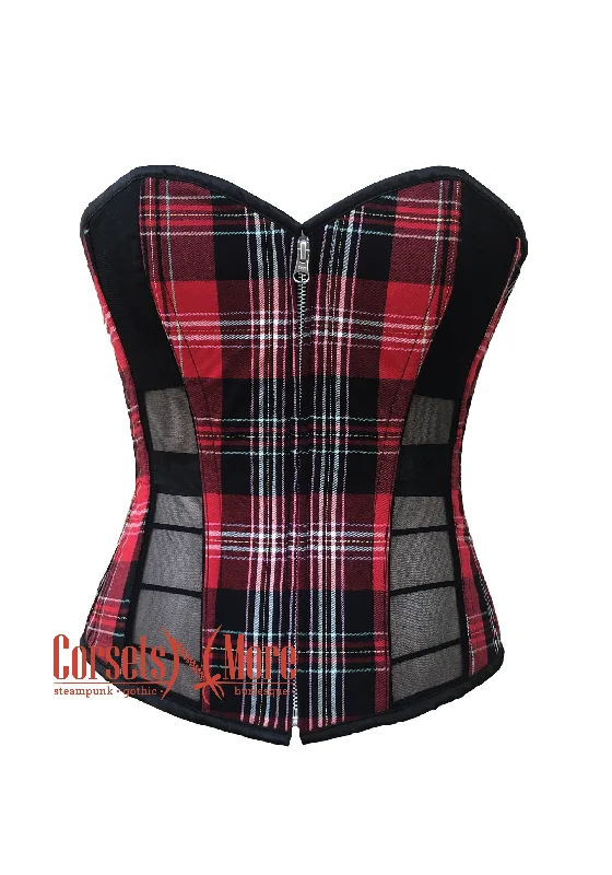 Corset top with boat neckline-Red Flanel with Black mesh Front Zipper Corset Costume Overbust Top