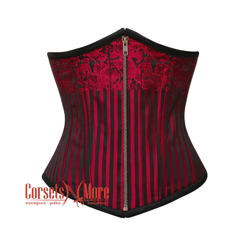 Corset top in paisley design-Plus Size Red and Black Brocade Steel Boned Front Antique Zipper Underbust Corset