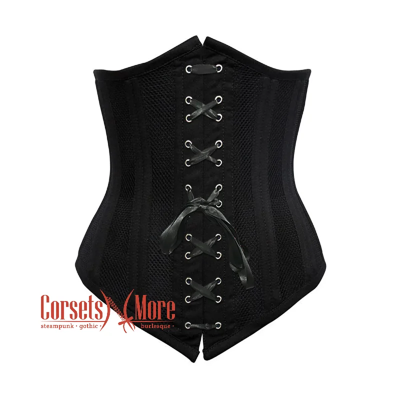 Corset in ruby red-Plus Size Black Cotton Mesh Double Boned Front Black Ribbon Long Underbust Steampunk Corset