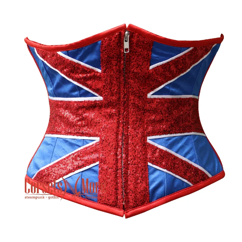 Corset with brocade fabric-Plus Size Red Blue Satin Sequins UK Flag Zipper Burlesque Gothic Underbust Corset