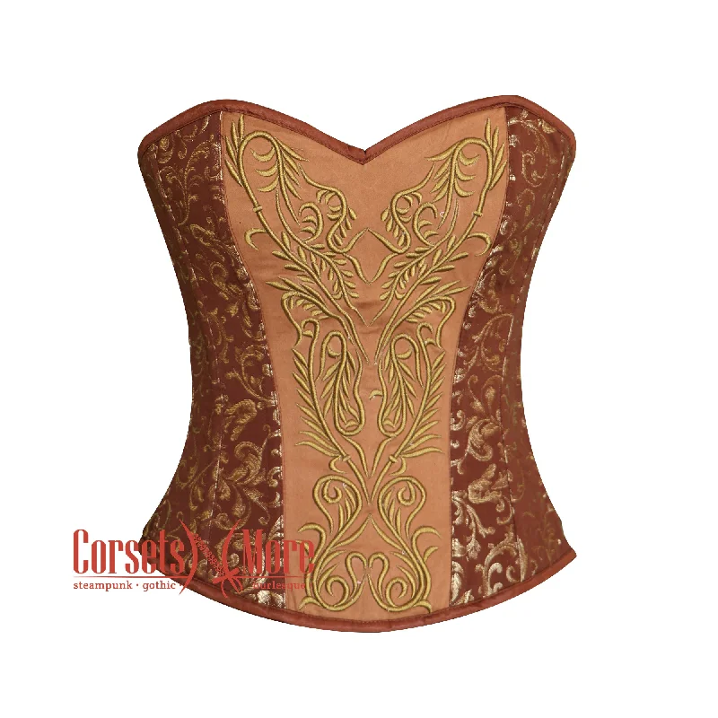 Corset with padded cups-Brown And Gold Brocade Gothic Costume Overbust Bustier Top