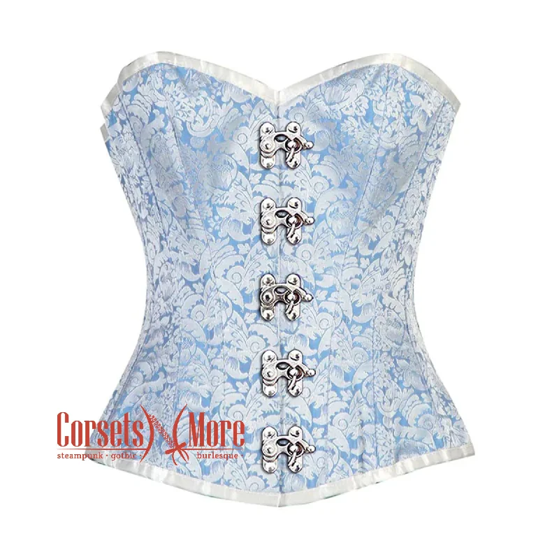 Corset for back support-Blue And White Brocade Front Silver Clasps Burlesque Gothic Overbust Corset Bustier Top