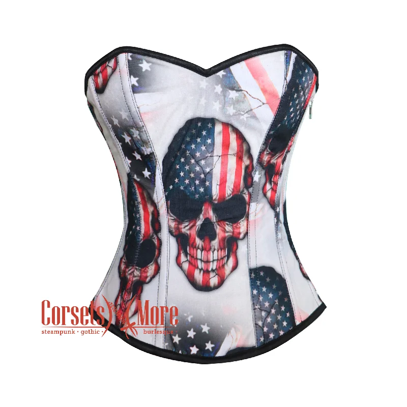 Corset with quilted pattern-Plus Size USA Flag Print Skull Cotton Gothic Overbust Burlesque Haunted Corset Top