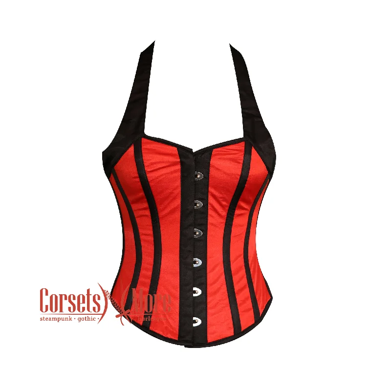 Corset with lace trim-Red And Black Satin Halter Neck Burlesque Gothic Costume Overbust Bustier Top