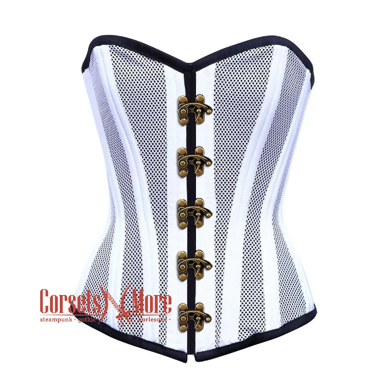 Corset for graceful style-White Satin With Mesh Front Seal Lock Double Bone Burlesque Gothic Overbust Corset Bustier Top