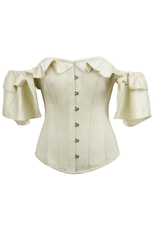 Corset for waist shaping-Earps Ivory Satin Corset With Off The Shoulder Frilled Sleeves