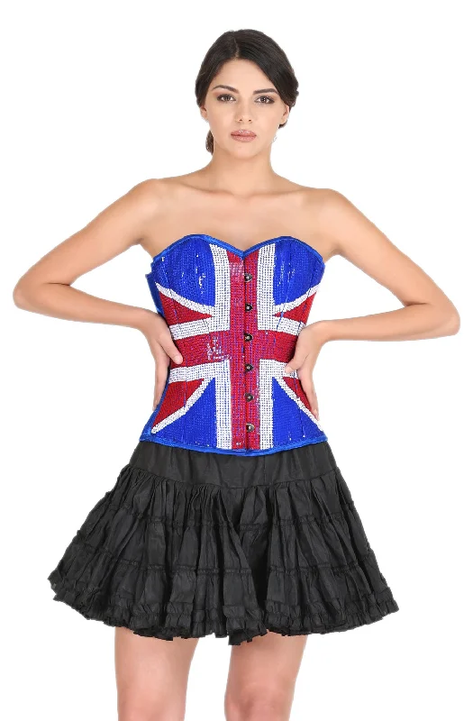 Corset in burnt orange-Plus Size UK Flag Blue Satin Red White Handmade Sequins Overbust Corset Gothic Burlesque Costume