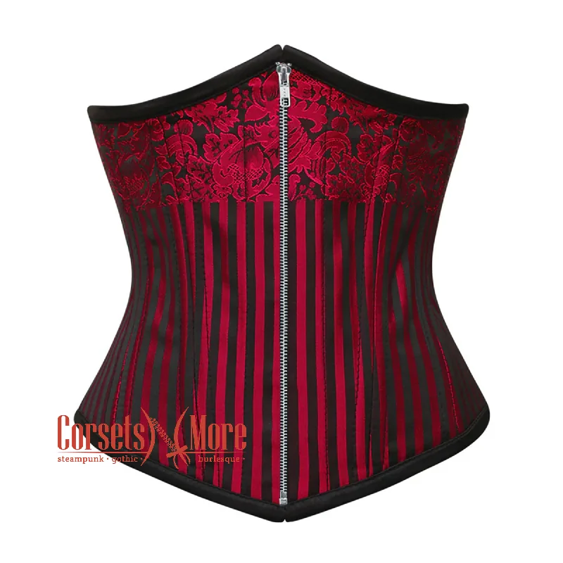 Corset in deep teal-Plus Size Red and Black Brocade Steel Boned Front Silver Zipper Underbust Corset