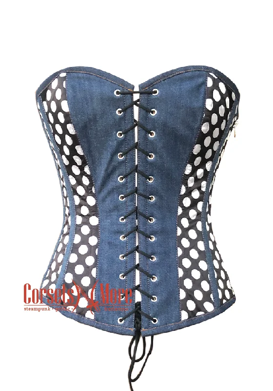 Corset in coral pink-Blue Denim and Polka Dots Satin Gothic Retro Costume Waist Training Overbust Bustier Top