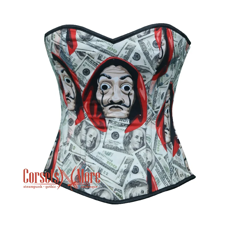 Corset in gothic design-Dollars with Money Heist Halloween Mask Printed Satin Overbust Corset