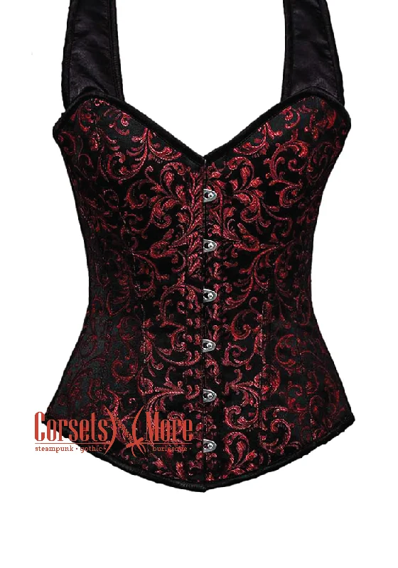 Corset in metallic finish-Red and Black Brocade Gothic Costume Overbust Corset With Shoulder Straps