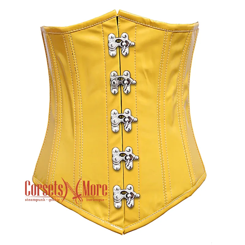 Corset in mustard yellow-Plus Size Yellow PVC Leather With Front Silver Clasps Gothic Long Underbust Waist Training Corset